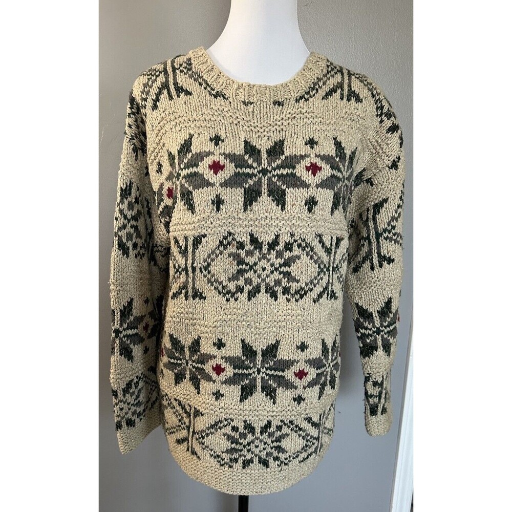 Vintage Limited Women’s Handknit Holiday Tan/Green Fair Isle Wool Silk Sweater M
